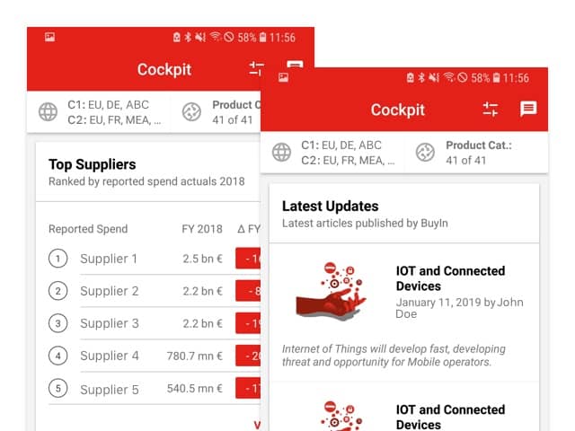 Screens Top Suppliers und Latest Updates der umgesetzten myBuyIn App