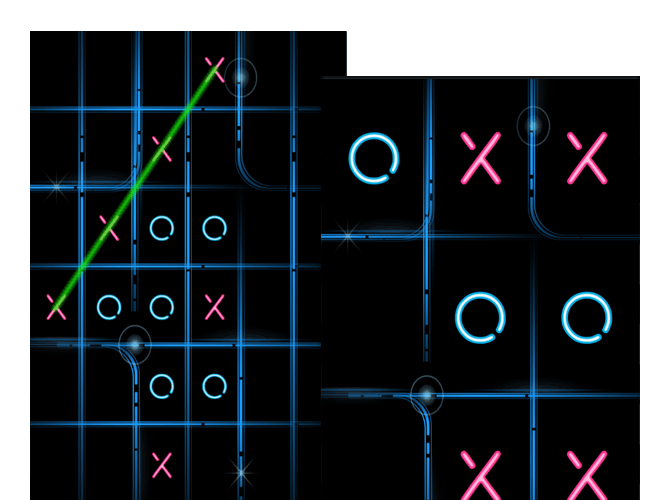 Beispiel Screens zweier Tic Tac Toe Spiele Screens mit einem Gewöhnlichen Spielfeld und einem erweiterten Spielfeld der umgesetzten Tic Tac Toe Glow App