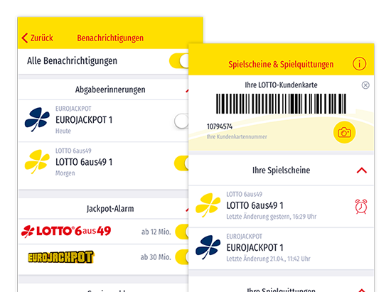 Benachrichtigungen und Spielscheine und Spielquittungen Screens der umgesetzten LOTTO Bayern SÄPP App