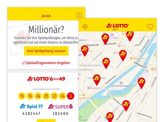 Auswahl und Karten Screens der umgesetzten LOTTO Bayern SÄPP App
