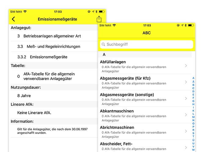 Emissionsmeßgeräte und ABC Screens der umgesetzten NWB AfA-Tabellen App für den NWB Verlag