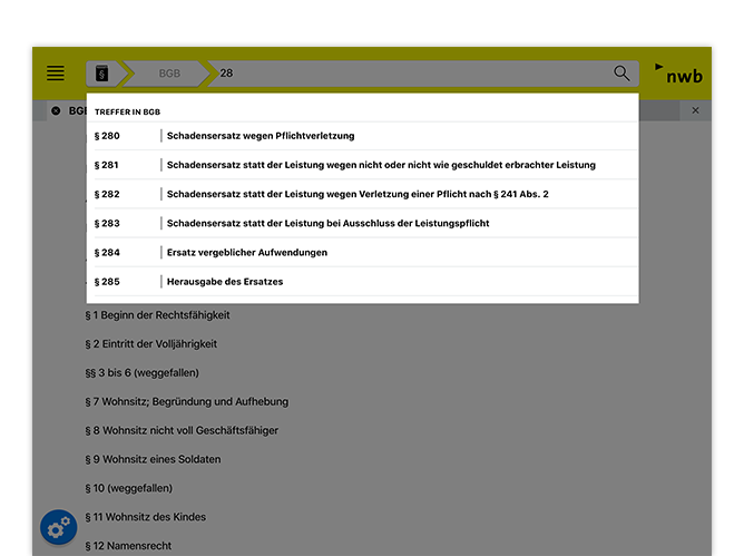 Treffer in BGB Search Screen der umgesetzten NWB Gesetze App für den NWB Verlag