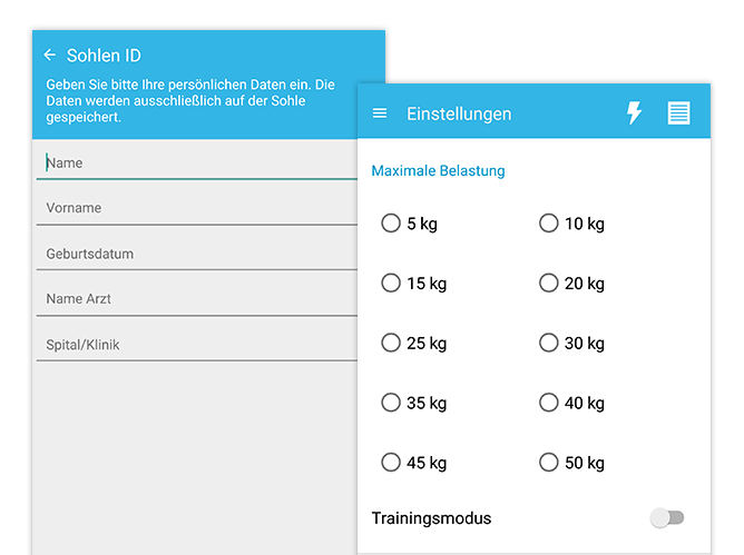 Sohlen ID und Einstellungen Screens der umgesetzten PWC Belastungsmesser App für Piomed