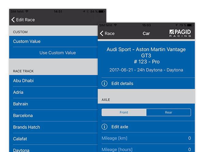 Edit Race - Custom und Car Screens der umgesetzten TMD Performance App für Pagid Racing