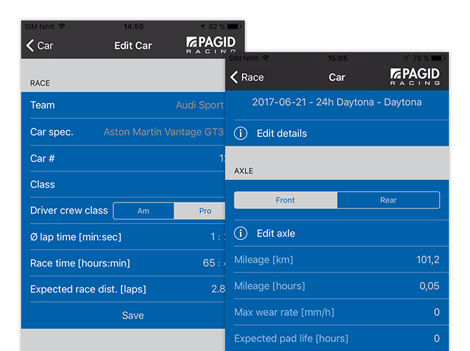 Edit Car Screen und heruntergescrollter Car Screen der umgesetzten TMD Performance App für Pagid Racing