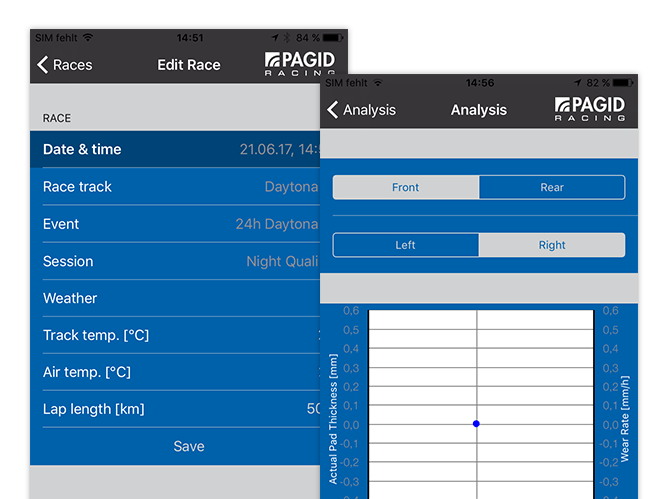 Edit Race - Race und Analysis Screens der umgesetzten TMD Performance App für Pagid Racing