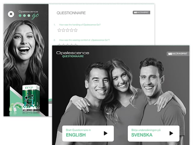 Questionnaire und Sprachauswahl Screens der Ultradent Opalenscene App für Ultradent Products