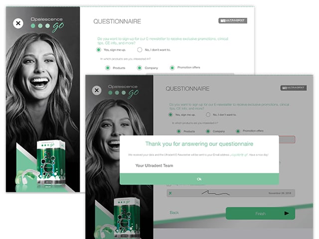 Questionnaire und Questionnaire mit Pop-up Screens der Ultradent Opalenscene App für Ultradent Products