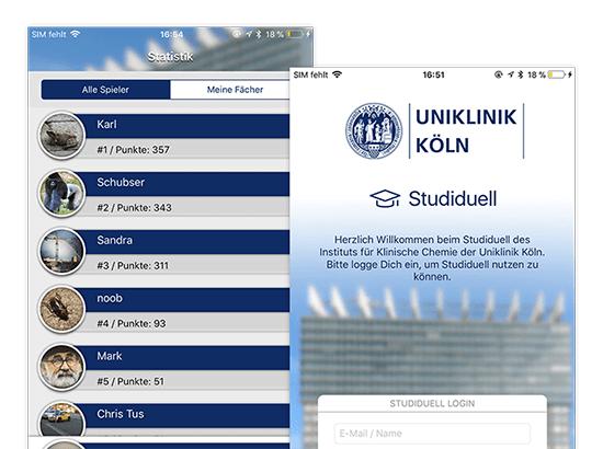 Statistik Alle Spieler und Willkommen Screens der Studiduell Quiz App für die Universitätsklinik Köln
