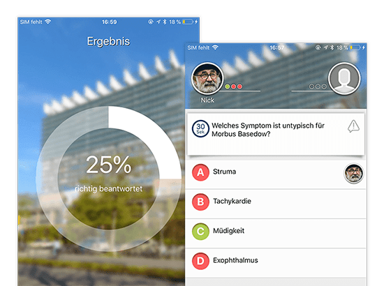 Ergebnis und Beispiel Frage Screens der Studiduell Quiz App für die Universitätsklinik Köln