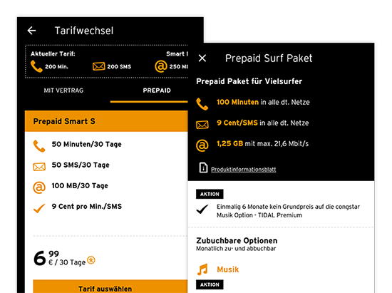 Screens Tarifwechsel und Prepaid Surf Paket der designten und entwickelten congstar App