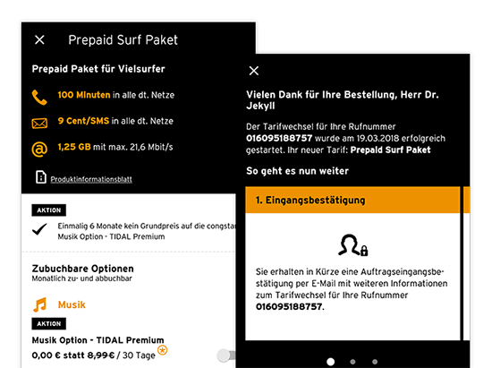 Screens Prepaid Surf Paket und Eingangsbestätigung für eine Bestellung der designten und entwickelten congstar App