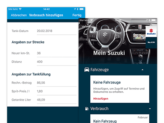Verbrauchs- und Fahrzeug Verwaltungsscreens der umgesetzten SUZUKI Automobile App