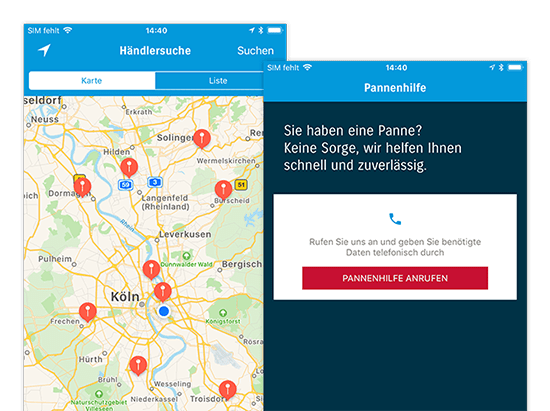 Händlersuche und Pannenhilfe Screens der umgesetzten SUZUKI Automobile App