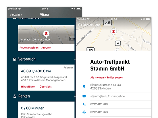 Beispielhafter Fahrzeug- und Händlersuche Kartenscreen der umgesetzten SUZUKI Automobile App