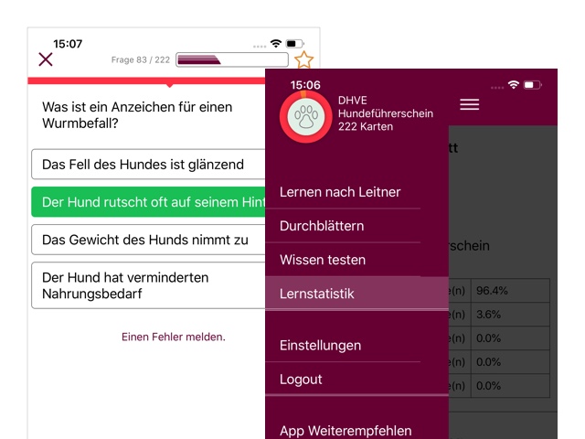 Beispielfrage und Screen mit Side Menu der umgesetzten BHV Hundeführerschein App