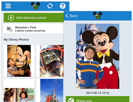 Add attraction photo und Beispielfoto Screens der umgesetzten Disney Photo Pass App für ip.labs
