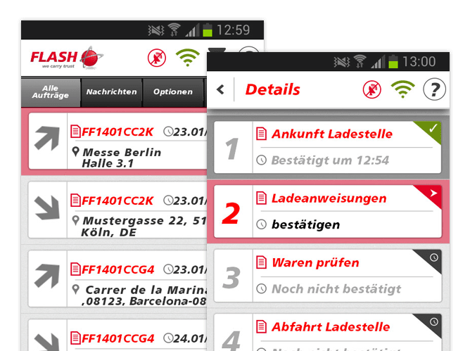 Alle Aufträge und Details Screens der umgesetzten FlashTrack App für Flash Europe International