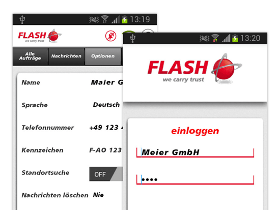 Optionen und Einloggen Screens der umgesetzten FlashTrack App für Flash Europe International