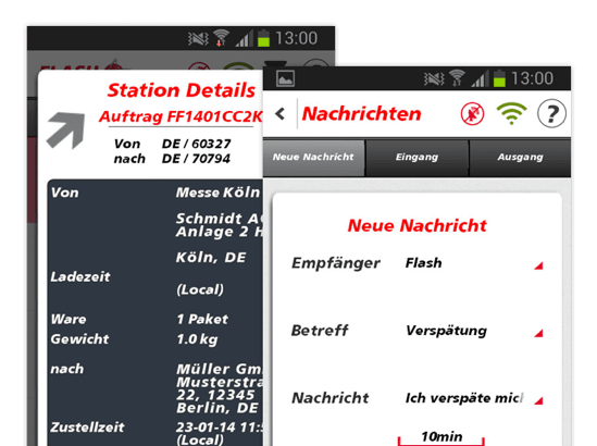 Station Details und Nachrichten Screens der umgesetzten FlashTrack App für Flash Europe International