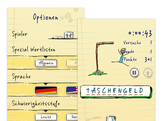 Optionen Screen und Beispielscreen eines gewonnenen Spiels der umgesetzten Hangman Hero App