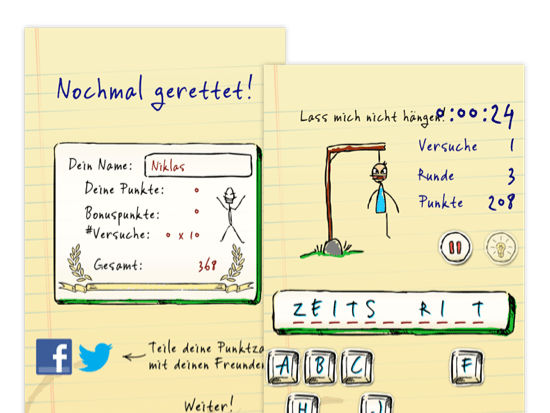 Nochmal gerettet und Beispielscreen eines offenen Spiels der umgesetzten Hangman Hero App