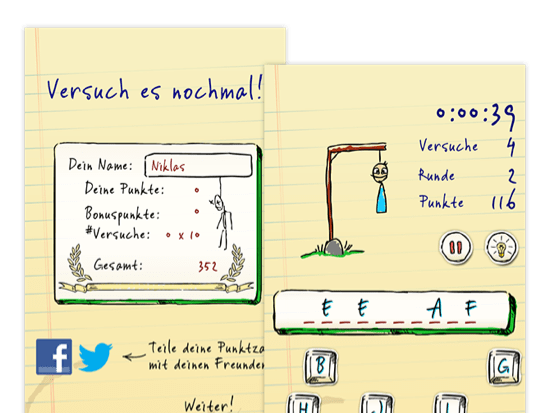 Versuch es nochmal und Beispielscreen eines offenen Spiels der umgesetzten Hangman Hero App