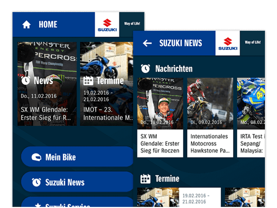 Home und Suzuki News Screens der umgesetzten SUZUKI Motorrad App für SUZUKI Deutschland