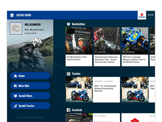 Erweiterter Suzuki News screen mit Nachrichten, Termine und Facebook Feed im eingeloggten Zustand