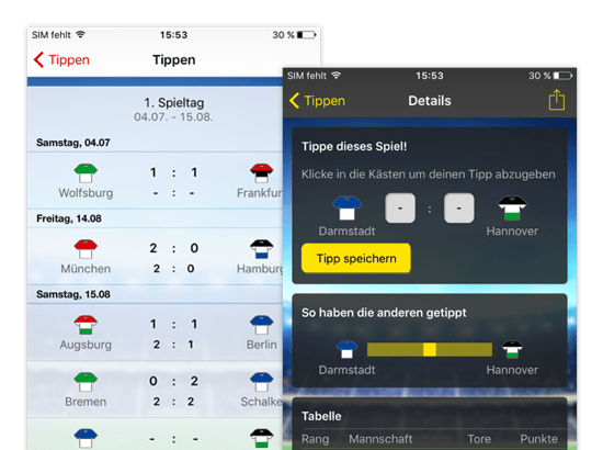 Tippen und Details Screens der umgesetzten Tippspiel für Freunde App