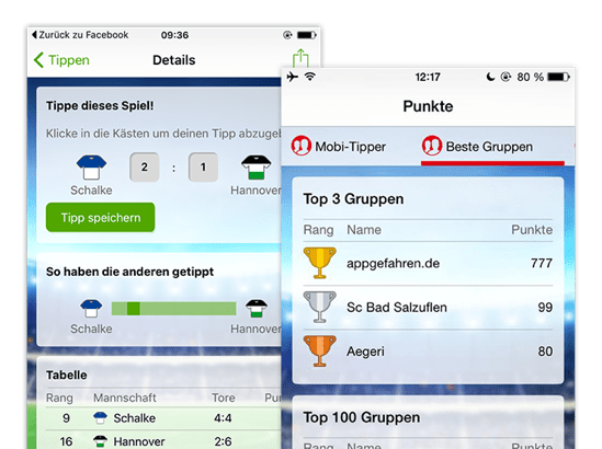 Details Tipp speichern und Punkte Screens der umgesetzten Tippspiel für Freunde App