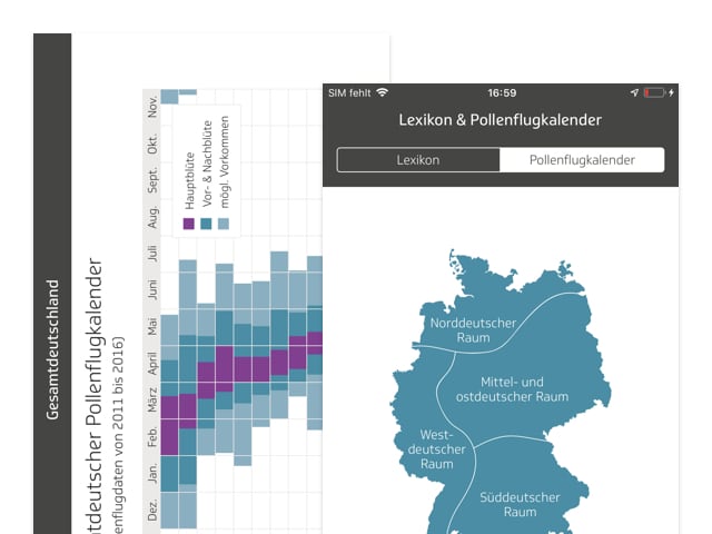 Pollenkalender und Deutschlandkarten Screens der umgesetzten TK Allergie-App Husteblume