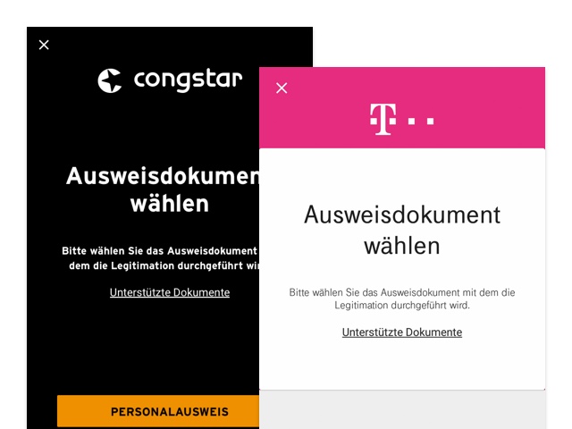 Congstar und Telekom Ausweisdokument wählen Screens der umgesetzten Telekom Identity Check App für Gemalto