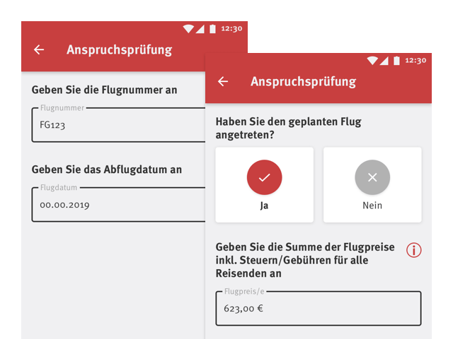 Flugdaten Eingabe und Beispiel eines weiteren Screens mit Ja-Nein Auswahl der umgesetzten Flugärger App
