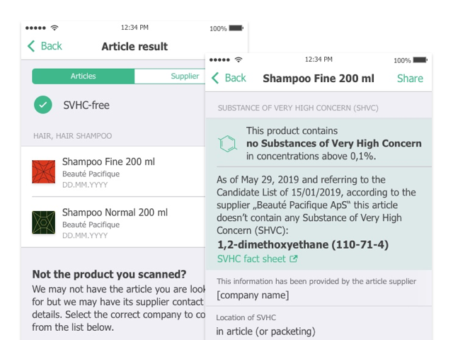 Article Result und Beispiel Produkt Shampoo Fine 200 ml Screens der umgesetzten Scan4Chem App für das Umweltbundesamt