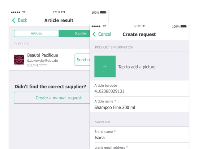 Article Result Supplier und Create Request Screens der umgesetzten Scan4Chem App für das Umweltbundesamt