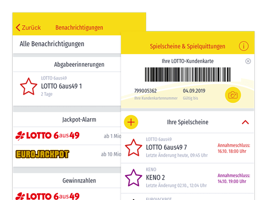Benachrichtigungen und Spielscheine und Spielquittungen Screens der umgesetzten LoRA App für die Lotto Rheinland-Pfalz GmbH