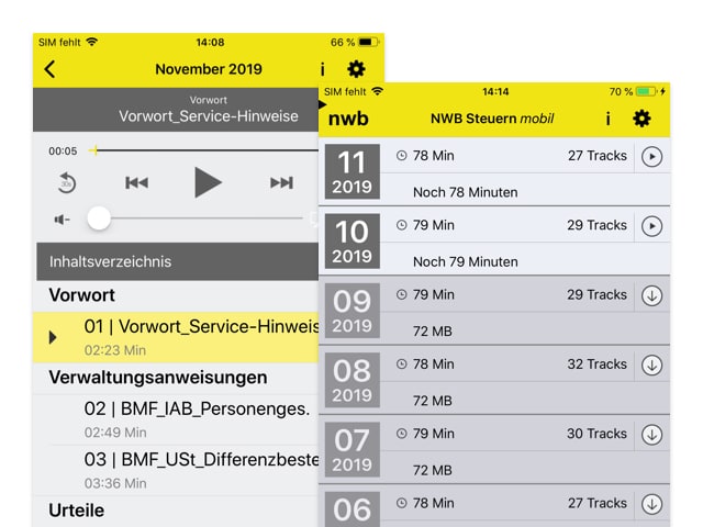 Audioplayer und Kalender Screens der umgesetzten NWB Steuern mobil App für den NWB Verlag