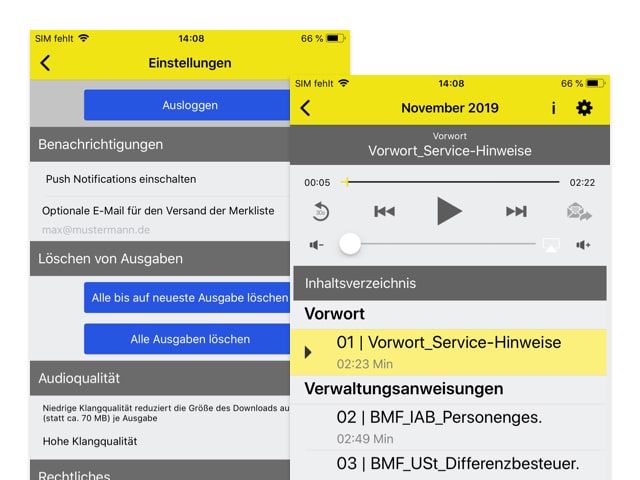 Audioplayer und Einstellungen Screens der umgesetzten NWB Steuern mobil App für den NWB Verlag