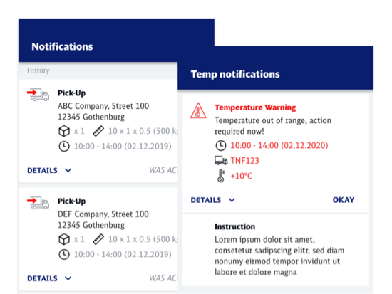 Notifications und Temp notifications Screens der umgesetzten SAPP App für DB Schenker