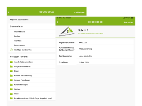 Angebote downloaden und Schritt 1 Screens der umgesetzten Baucheck App für Baucheck-wdw