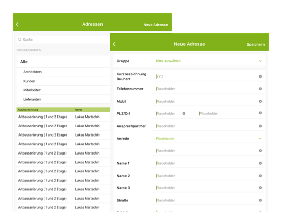 Adressen und Neue Adresse Screens der umgesetzten Baucheck App für Baucheck-wdw