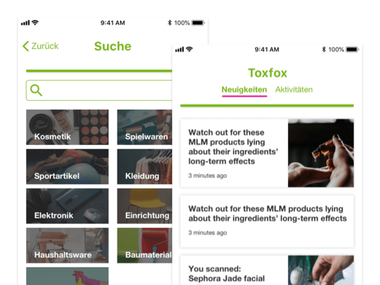 Suche und Toxfox Neuigkeiten Screens der umgesetzten Tox Fox App für Bund e.V