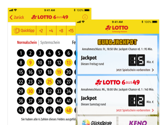 Quicktipp und Jackpot Screens der umgesetzten LOTTO Schleswig-Holstein LOTTA App für LOTTO Schleswig-Holstein