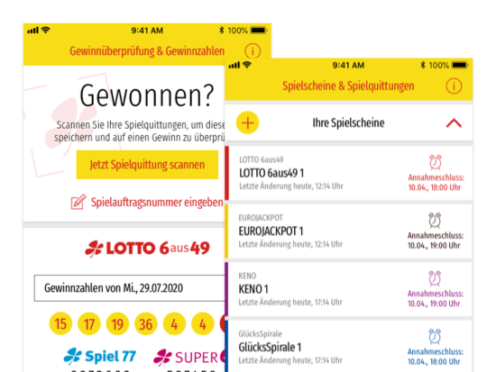 Gewinnüberprüfung und Spielscheine Screens der umgesetzten LOTTO Schleswig-Holstein LOTTA App für LOTTO Schleswig-Holstein