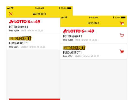 Screens Warenkorb und Favoriten der umgesetzten LOTTO Bayern Online App