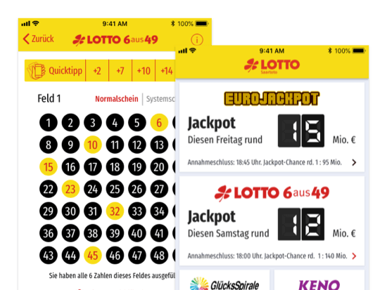 Quicktipp und Jackpot Screens der umgesetzten LOTTO Saarland ServiceApp für Saarland-Sporttoto