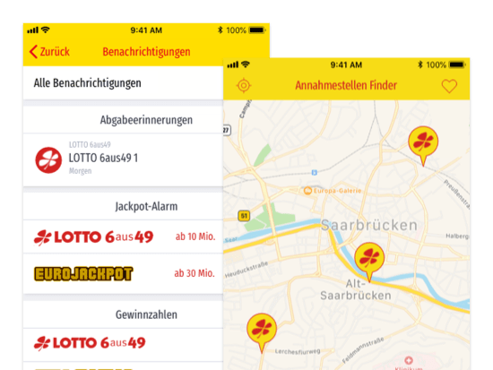 Benachrichtigungen und Annahmestelle Finder Screens der umgesetzten LOTTO Saarland ServiceApp für Saarland-Sporttoto