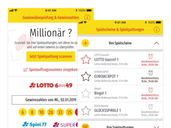 Gewinnüberprüfung und Gewinnzahlen, Spielscheine und Spielquittungen Screens der umgesetzten LOTTI App für LOTTO Sachsen-Anhalt