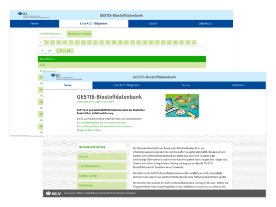 Liste A-Z und Home Screens der umgesetzten DGUV GESTIS Biostoffdatenbank Website für das Institut für Arbeitsschutz der Deutschen Gesetzlichen Unfallversicherung
